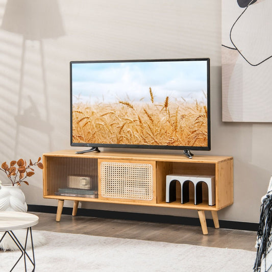 Bamboo Entertainment Center Featuring Rattan Accents and Tempered Glass Sliding Doors