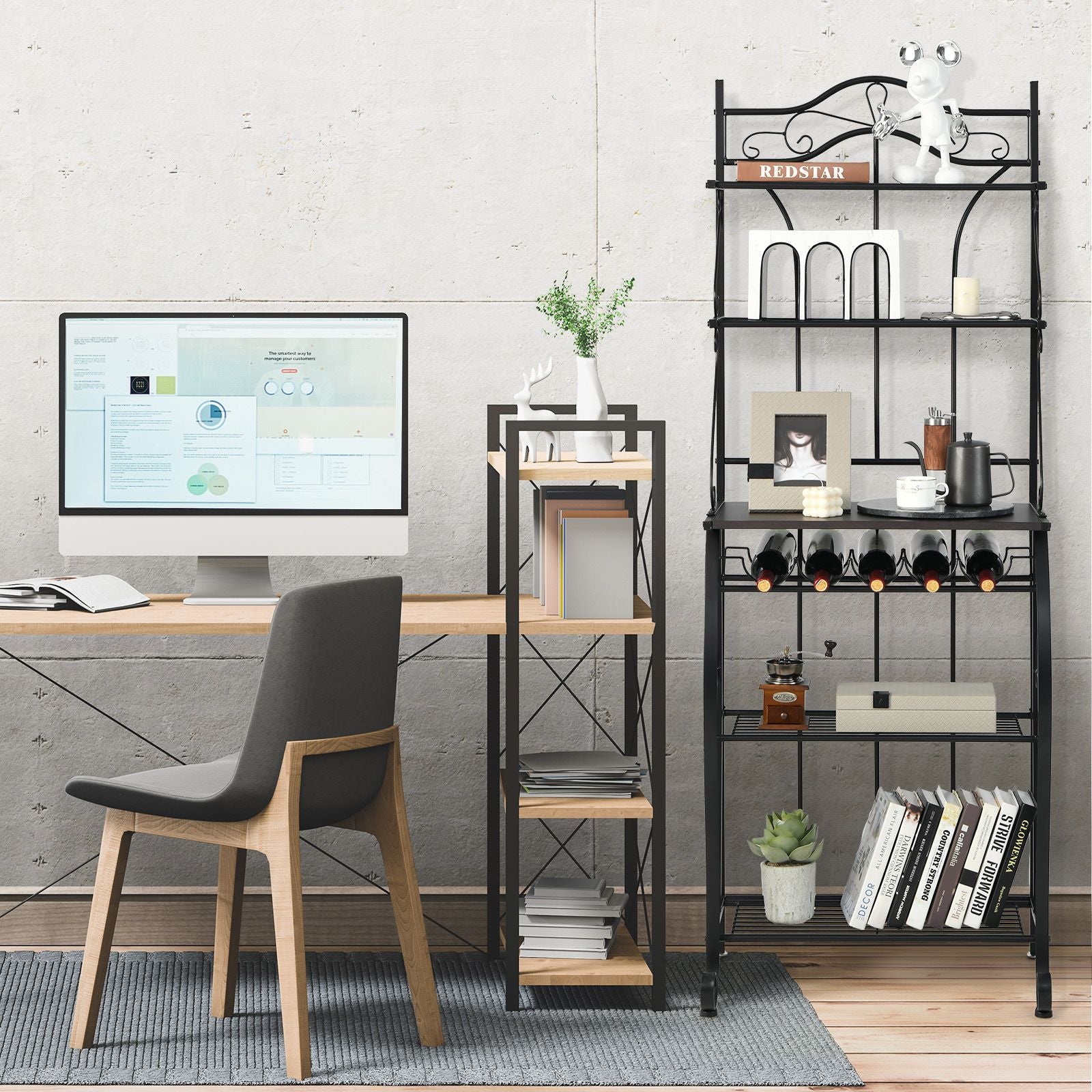 5-Tier Freestanding Baker's Rack with Integrated Wine Rack and Adjustable Feet