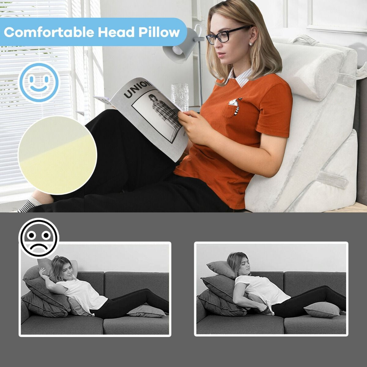Elevated Bed Wedge Pillow with Headrest and Removable Washable Cover for Reading Comfort