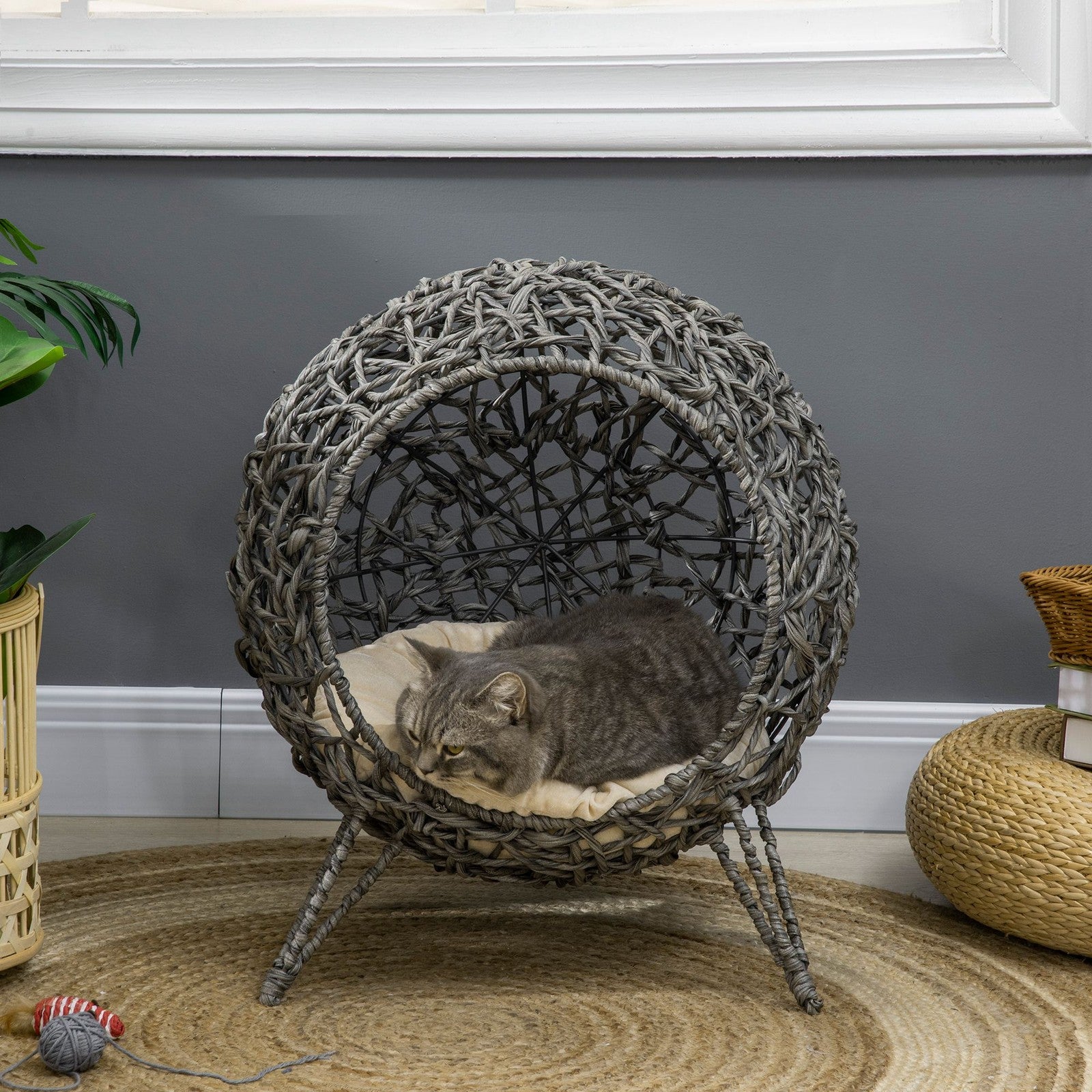 Pawhut Rattan Elevated Cat House Kitten Bed Pet Furniture W/ Cushion Grey