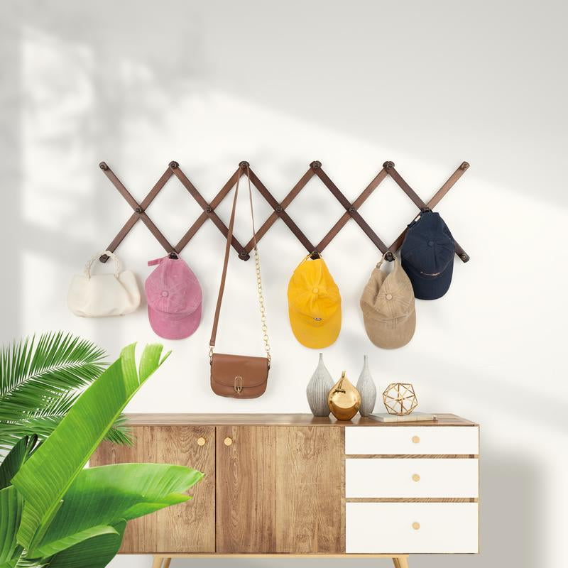 Expandable Accordion Peg Rack with 16 Hooks - Versatile Wooden Organizer for Hats, Coats, Tools & More - Space-Saving Storage Solution for Home, Garage & Entryway (Brown)