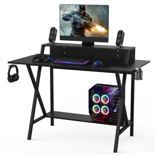 Ergonomic X-Shaped Gaming Desk with Integrated Cup Holder and Monitor Riser