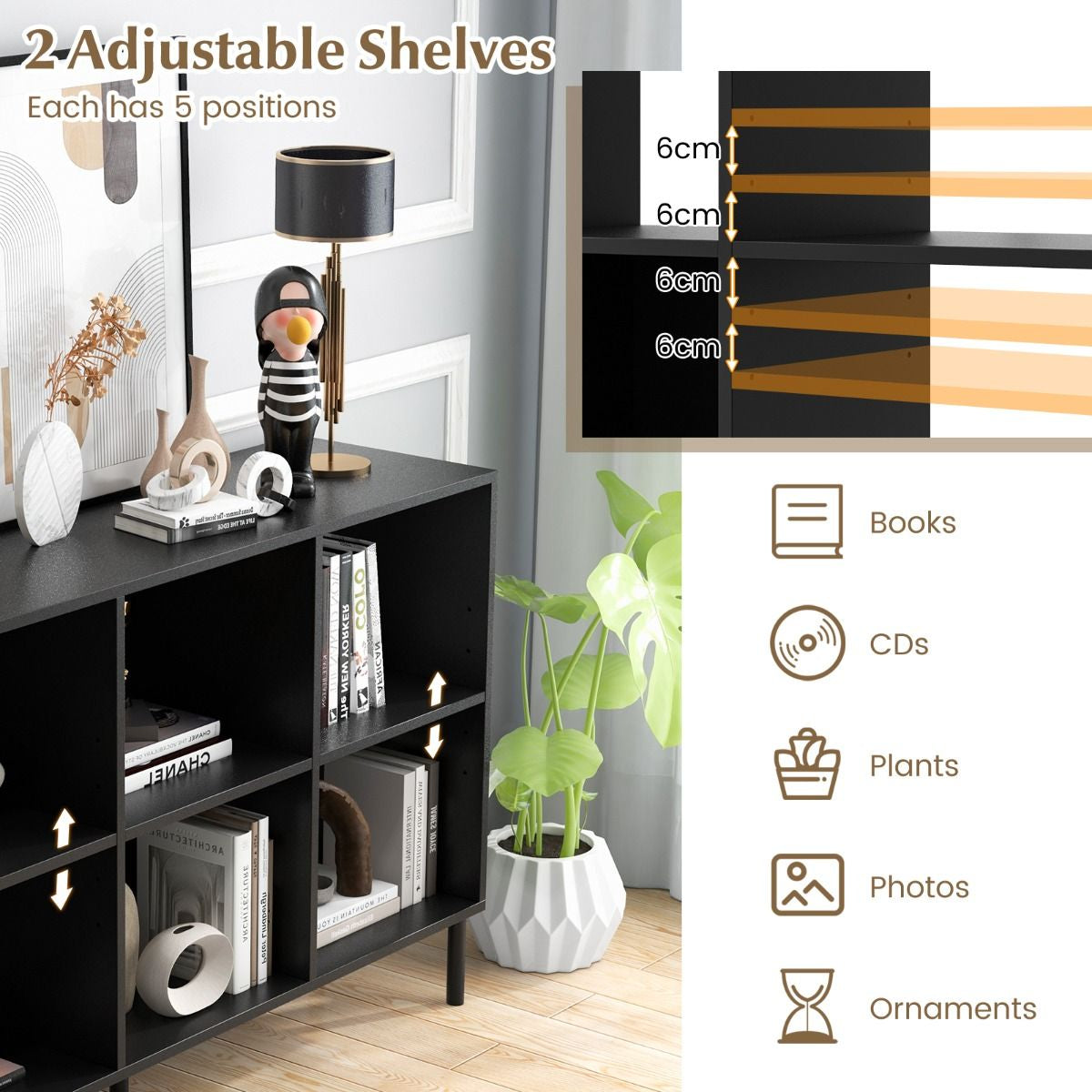 6-Cube Storage Bookcase Wooden Open Bookshelf with 5 Metal Legs