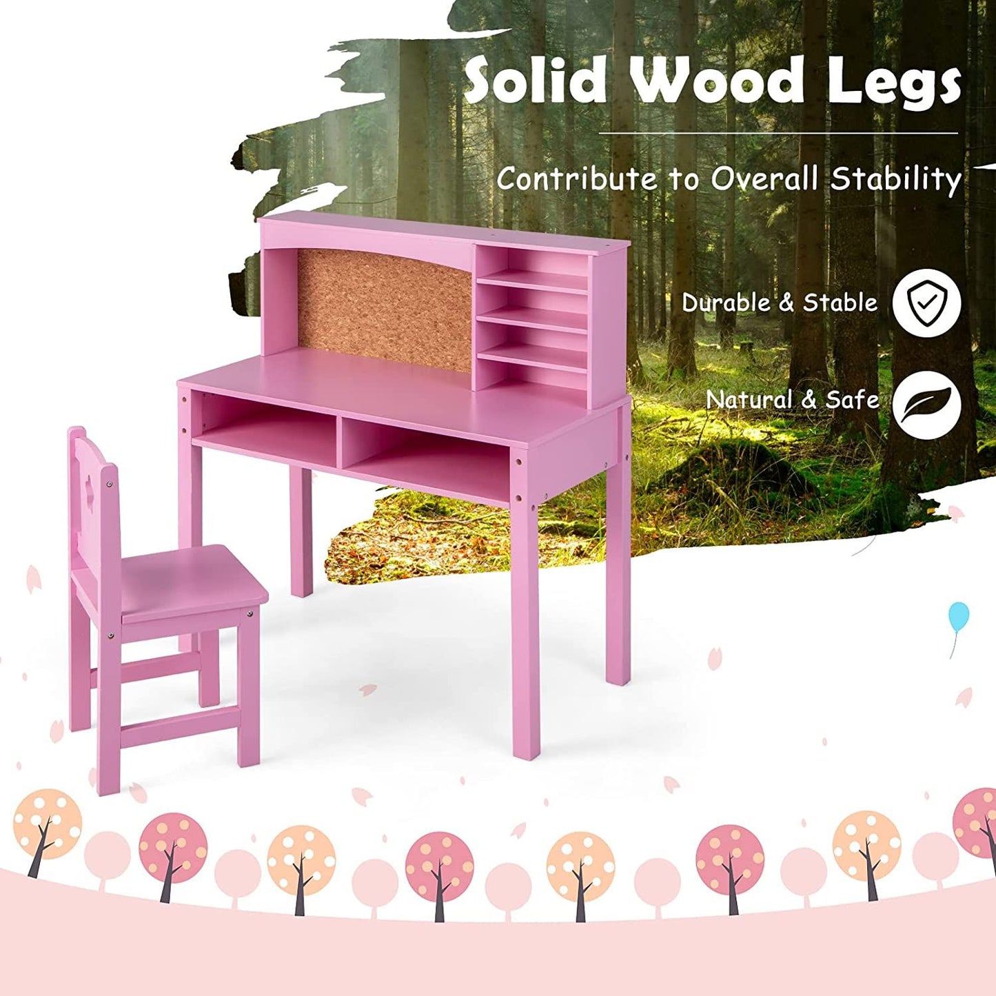 Kids Wooden Desk and Chair Set with Hutch for Study and Reading
