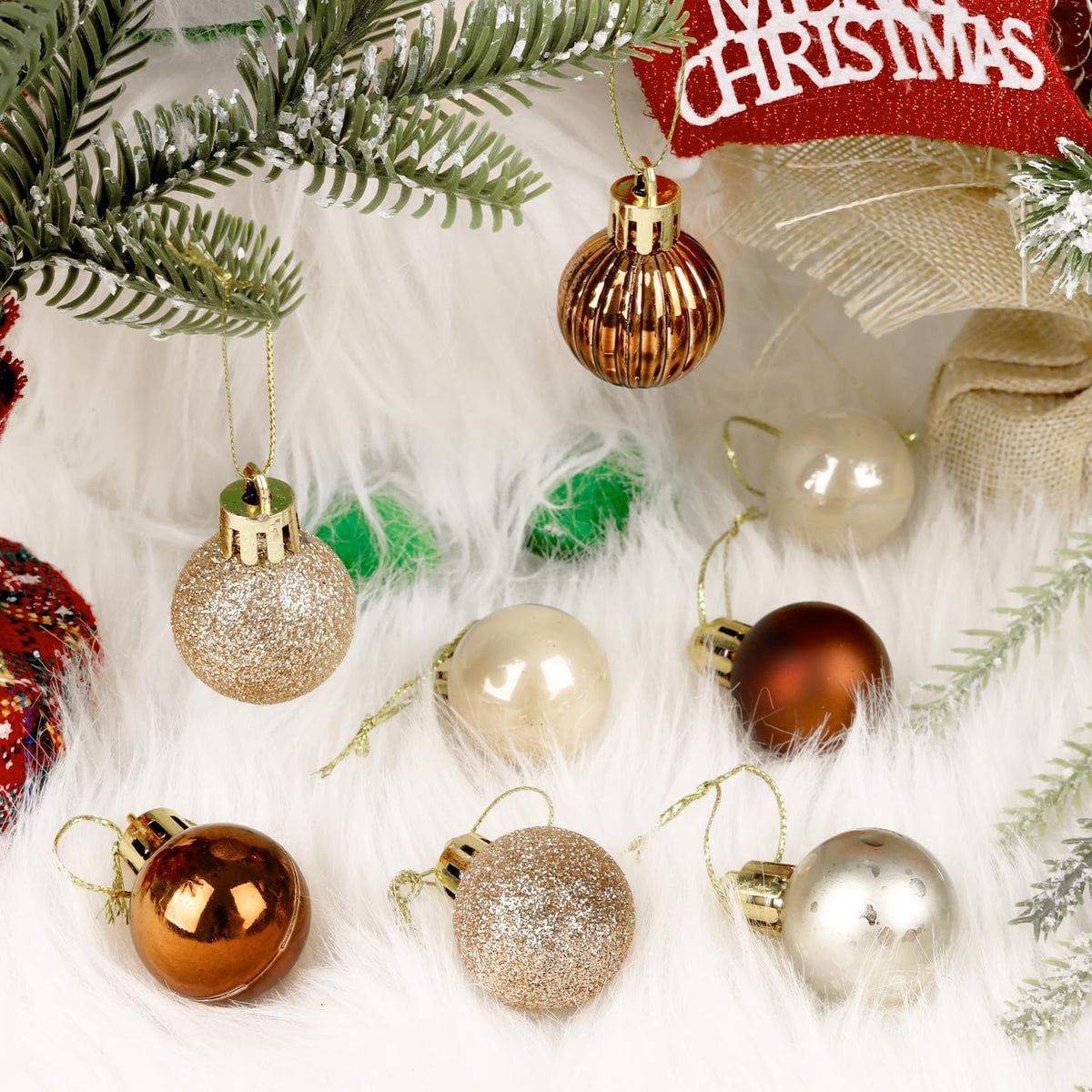 Mini Christmas Baubles Set, 49 Pieces 3cm Glittering Copper and Silver Ornaments for Holiday Tree Decoration
