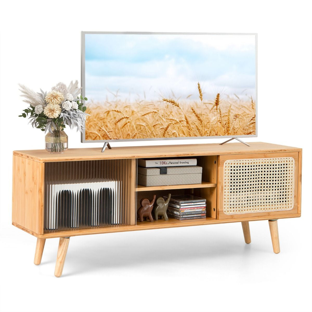 Bamboo Entertainment Center Featuring Rattan Accents and Tempered Glass Sliding Doors