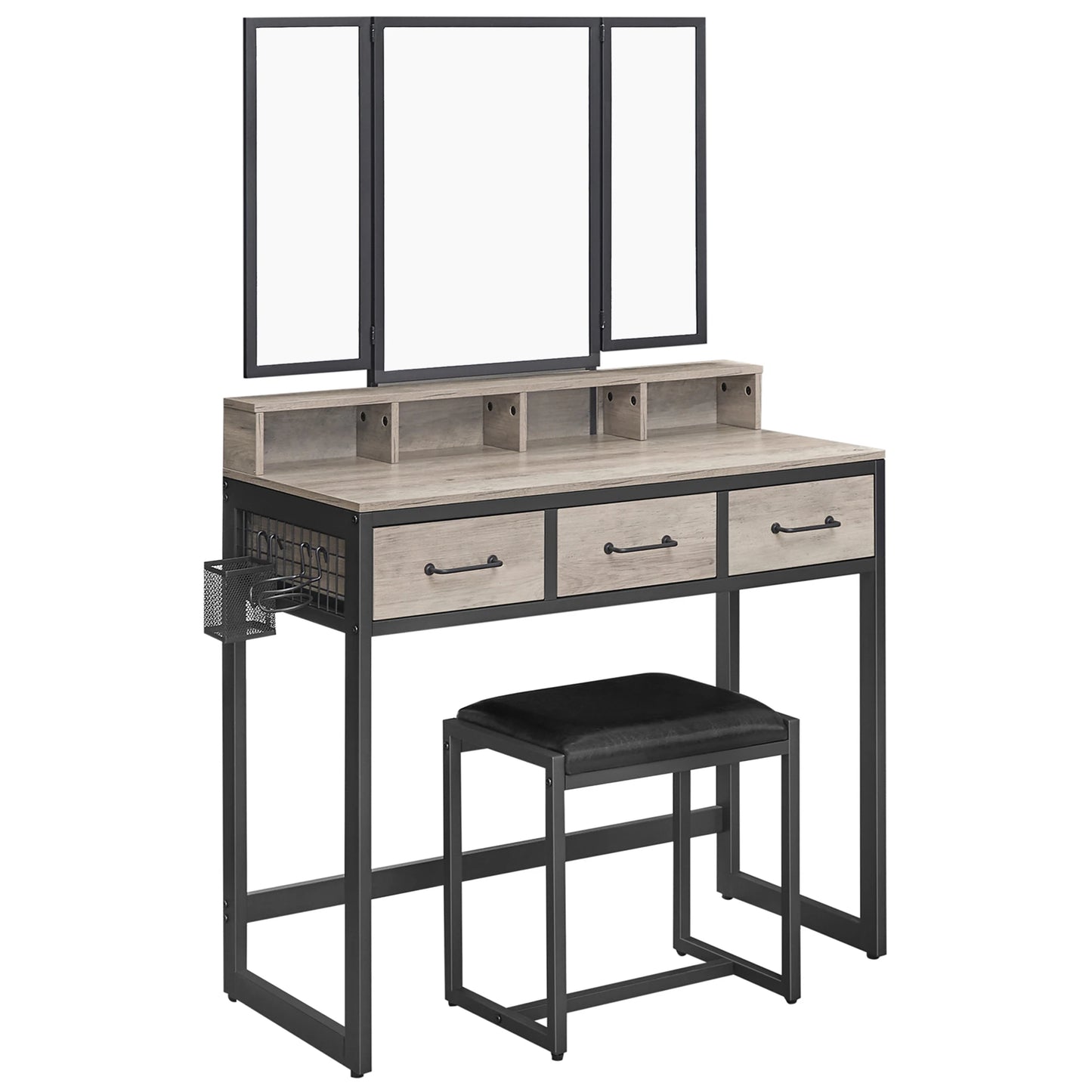 Dressing Table with 3-Piece Folding Mirror, Hair Dryer Holder, Cosmetic Table with Padded Stool, 3 Drawers