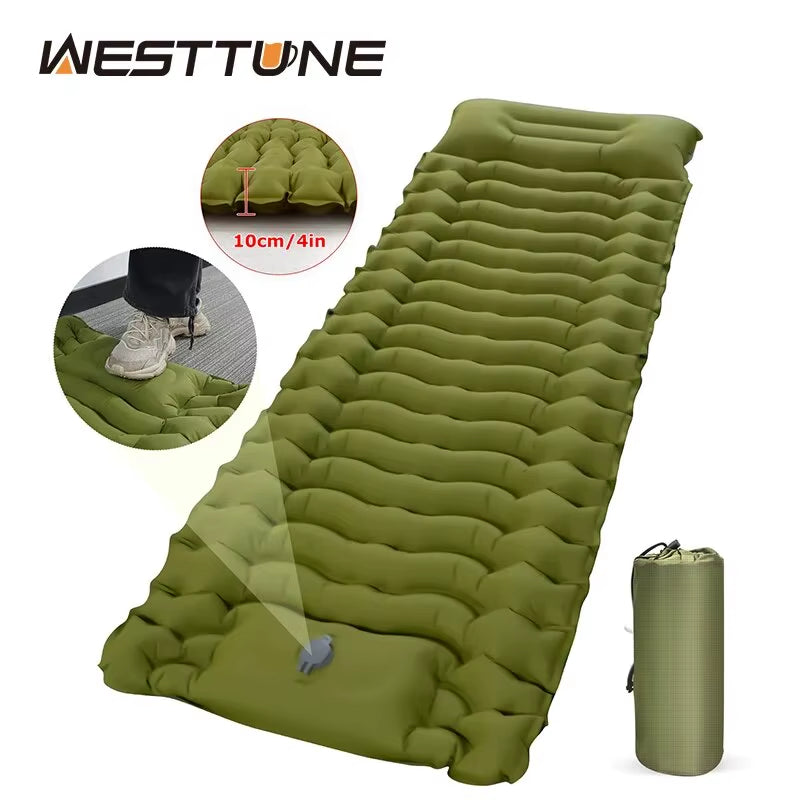 WESTTUNE Outdoor Camping Inflatable Mattress Thicken Sleeping Pad with Built-In Pillow & Pump Air Mat for Travel Hiking Climbing