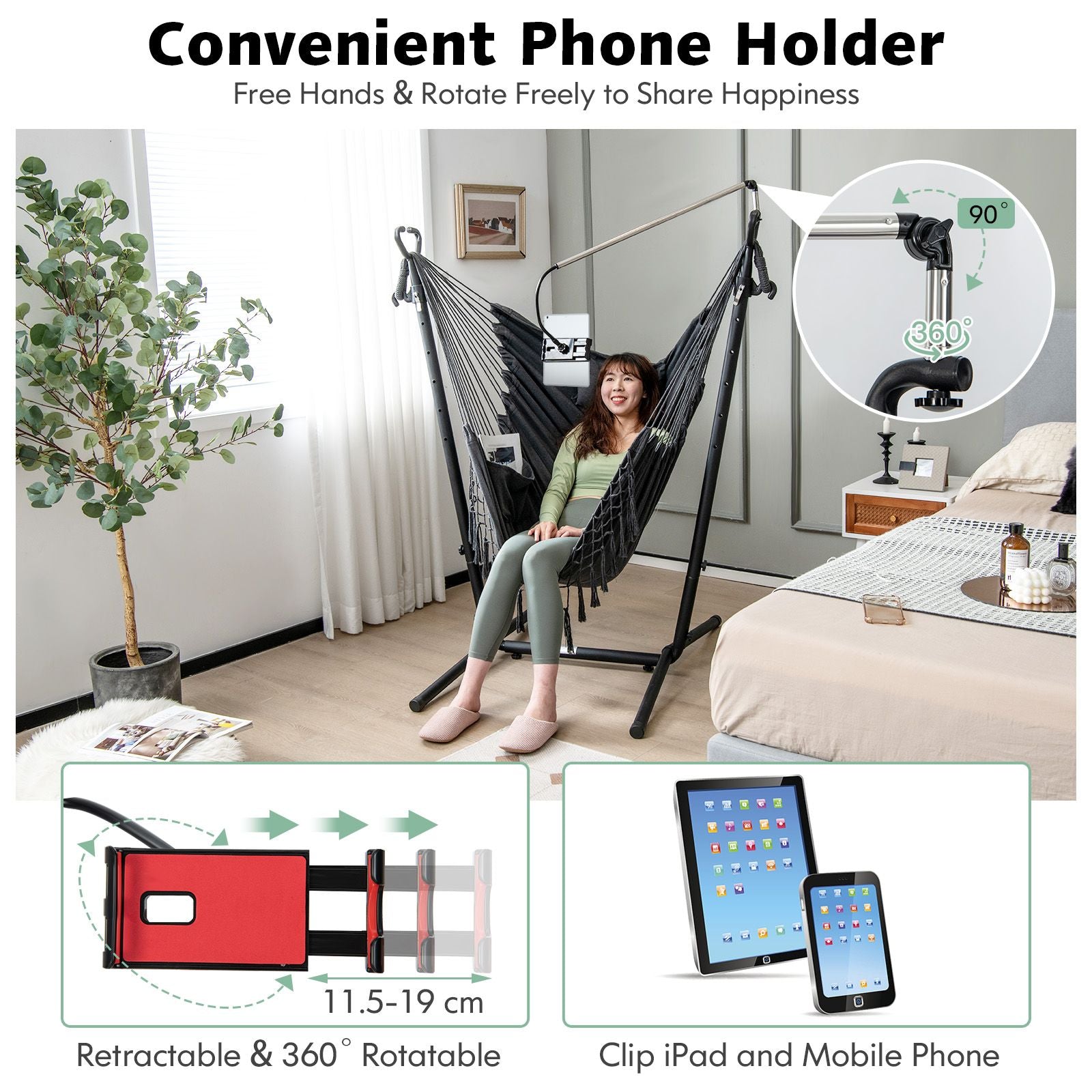 Hammock Chair with Stand and Integrated Phone Holder