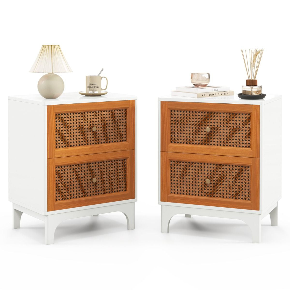 Bohemian Accent Table Featuring Two Handwoven Rattan-Decorated Drawers