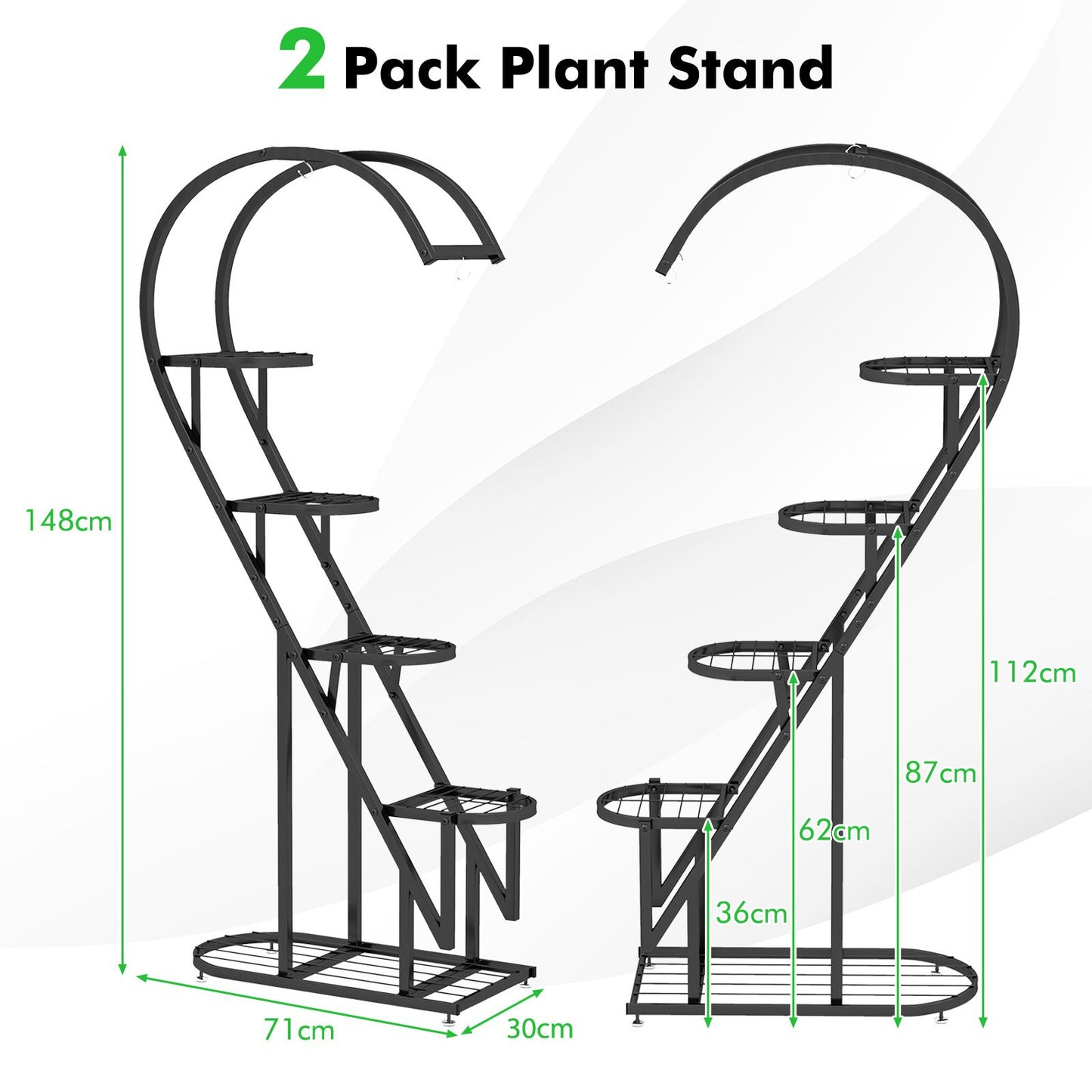5-Tier Metal Heart-Shaped Plant Stand with Integrated Hanging Hooks