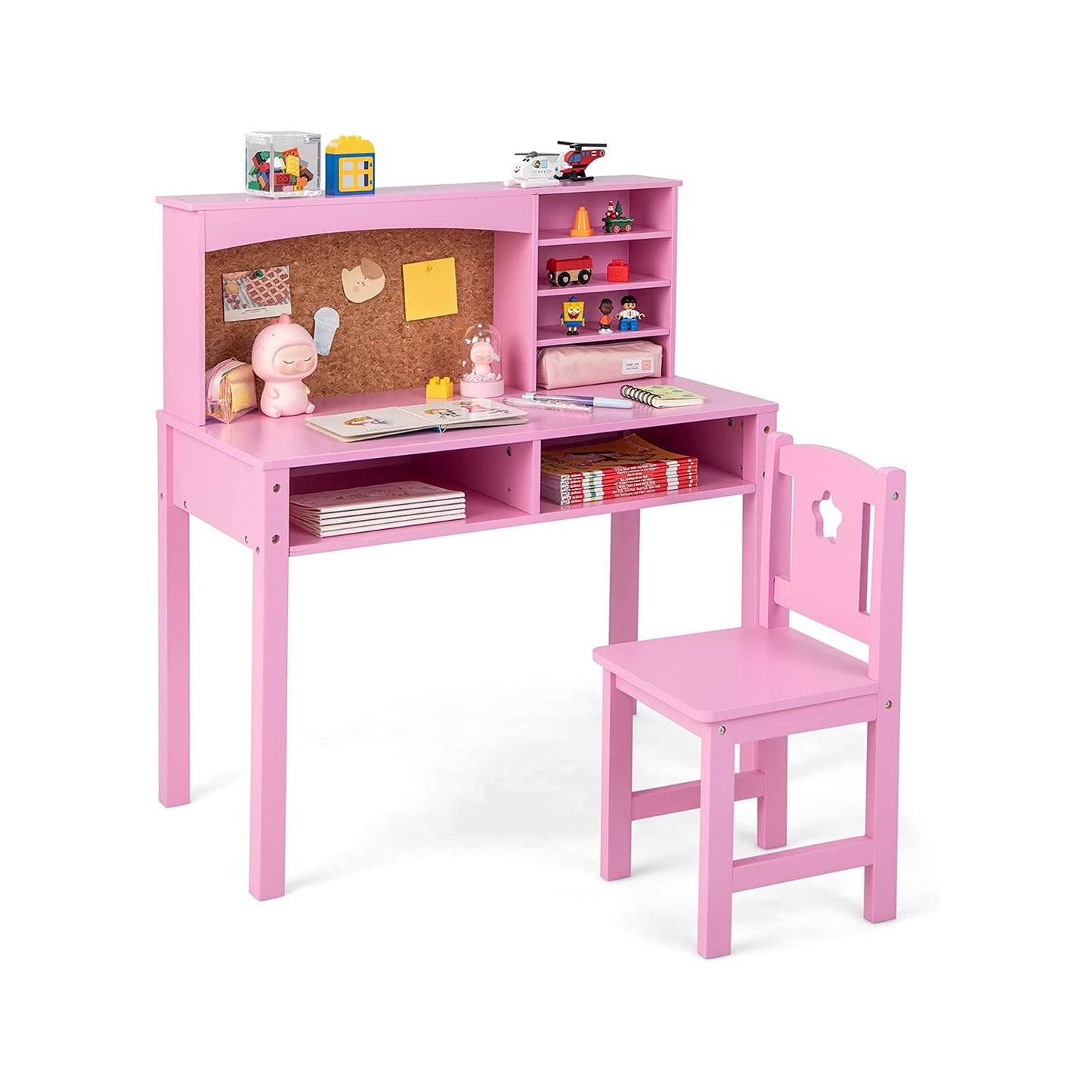 Kids Wooden Desk and Chair Set with Hutch for Study and Reading