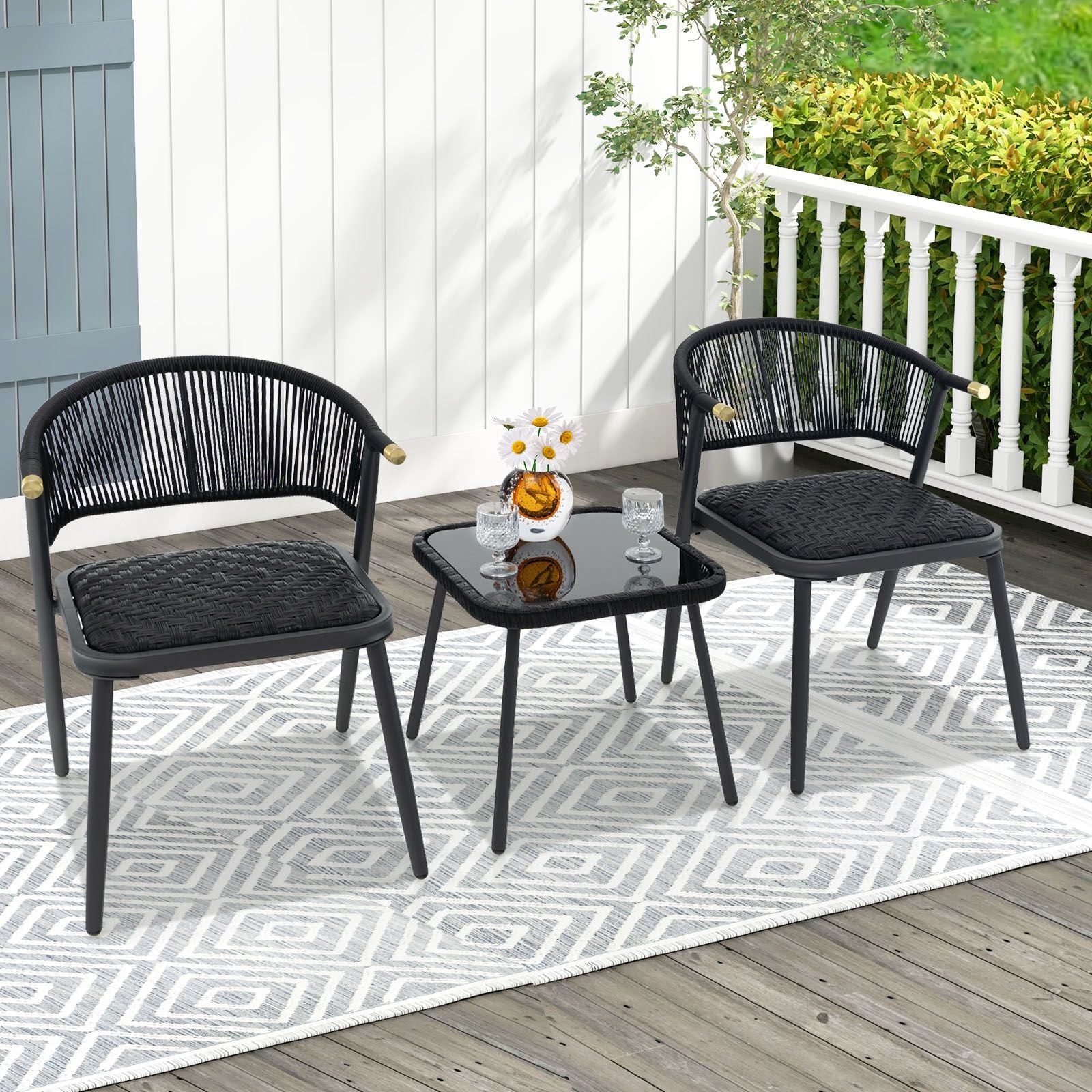 Three-Piece Outdoor Wicker Furniture Set Featuring Tempered Glass Coffee Table