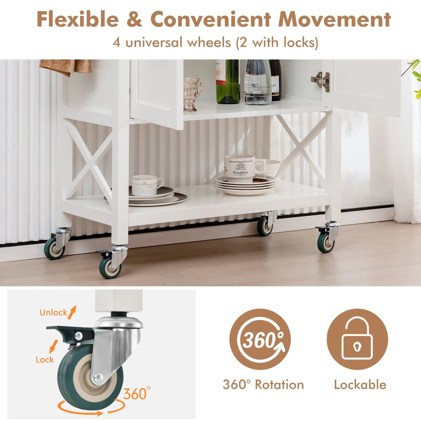 Kitchen Cart with Storage Cabinet, Towel Rack, and Spice Rack