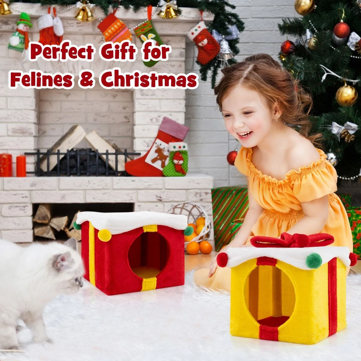 Charming 2-Story Indoor Christmas Cat House with Bow for Cozy Cats
