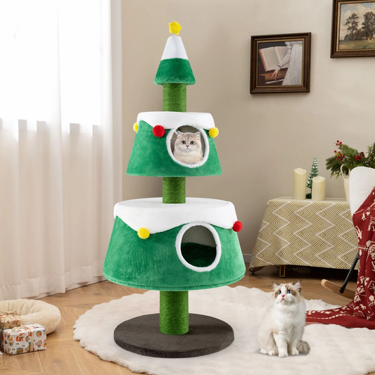 Adorable Christmas Cat Tree with 2 Cosy sections for Indoor Cats