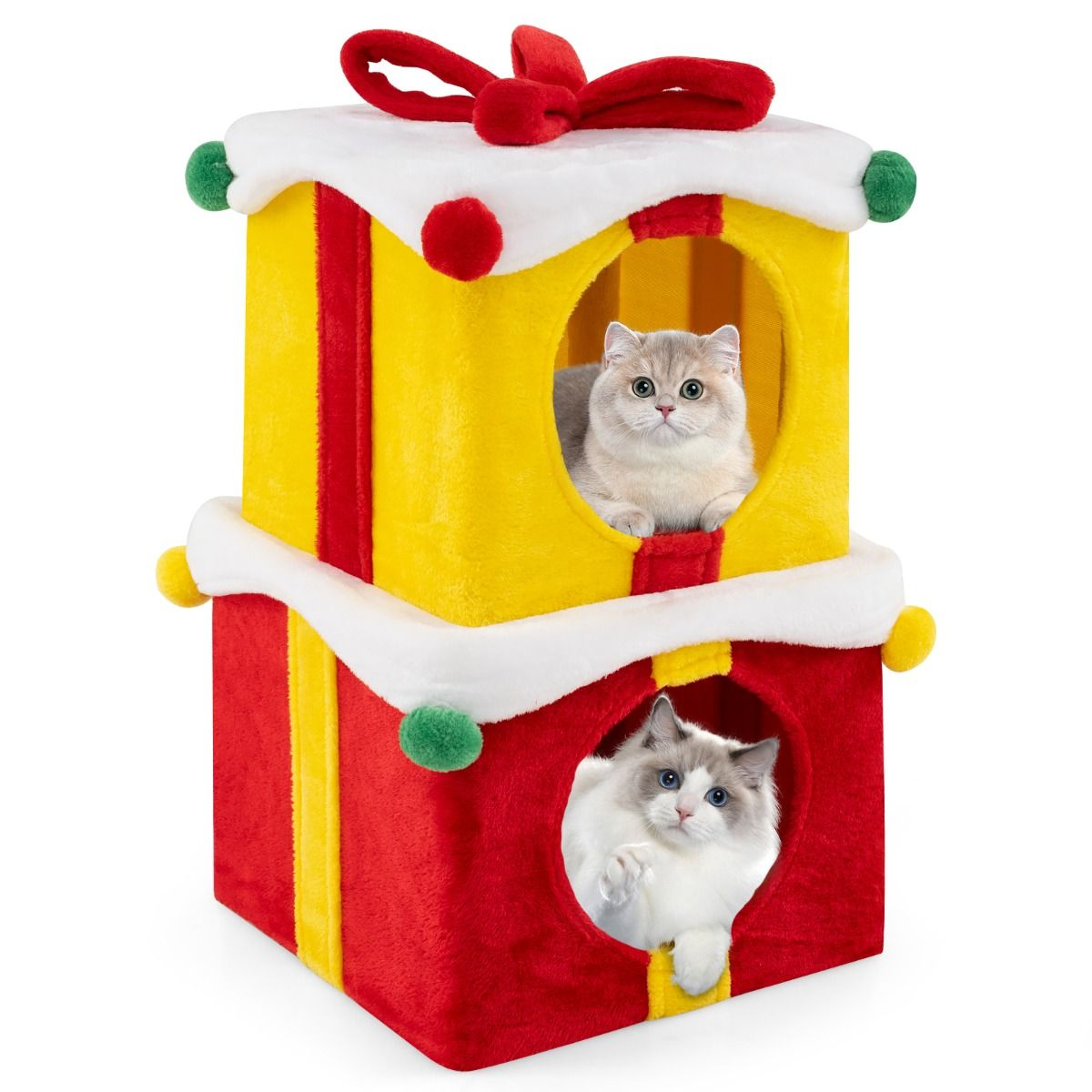 Charming 2-Story Indoor Christmas Cat House with Bow for Cozy Cats