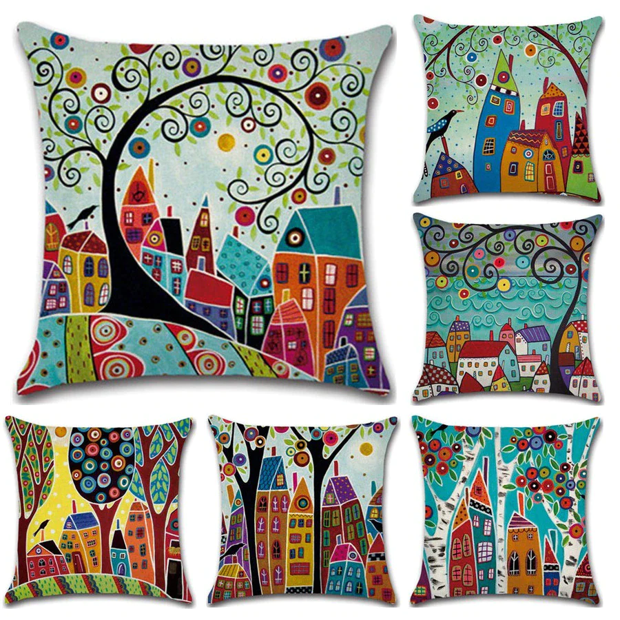 Hand-Painted Retro City Cushion Cover - 45x45cm Linen Throw Pillow cover
