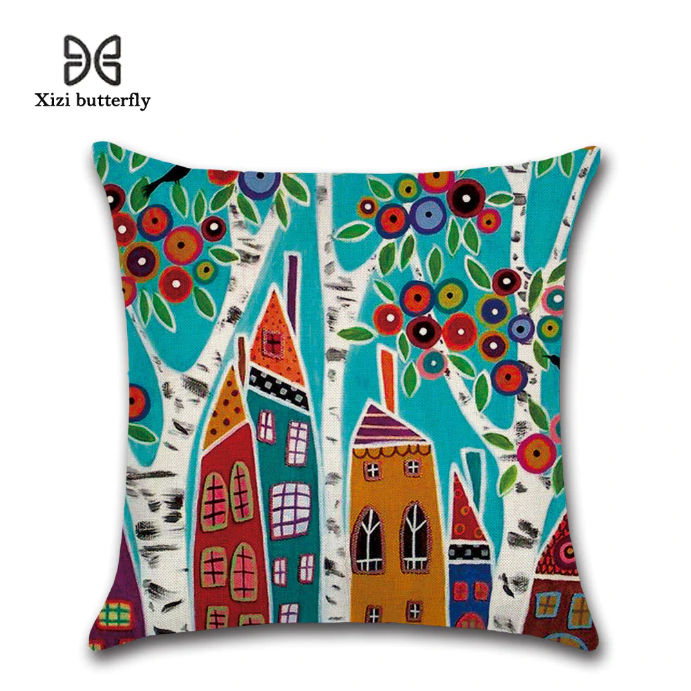 Hand-Painted Retro City Cushion Cover - 45x45cm Linen Throw Pillow cover