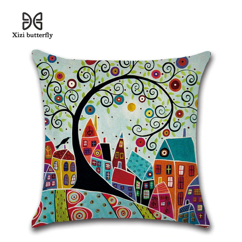 Hand-Painted Retro City Cushion Cover - 45x45cm Linen Throw Pillow cover
