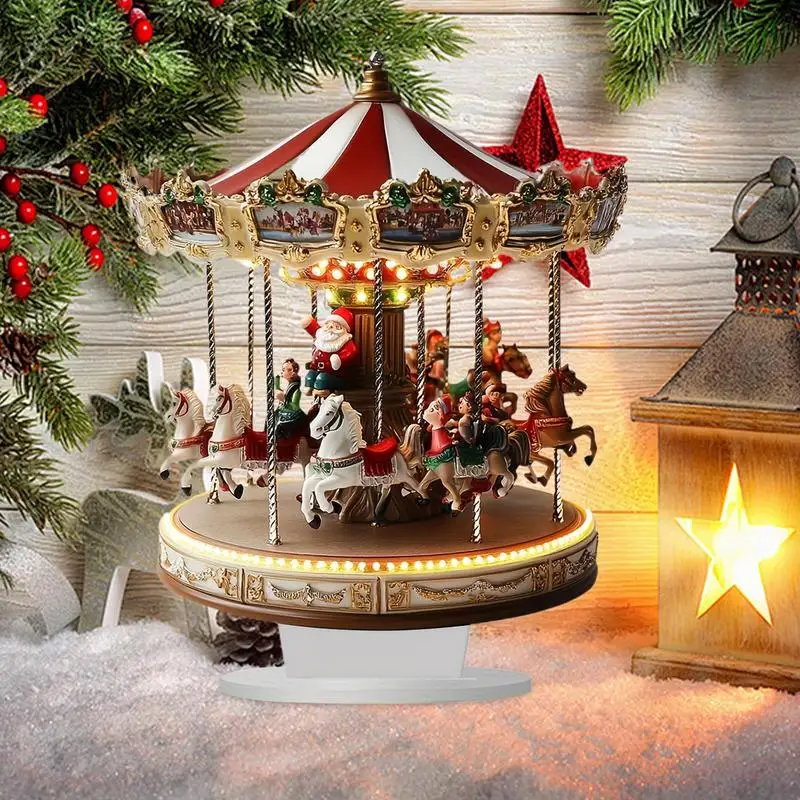 Acrylic Christmas Carousel Village Scene Tabletop Decor Merry-Go-Round