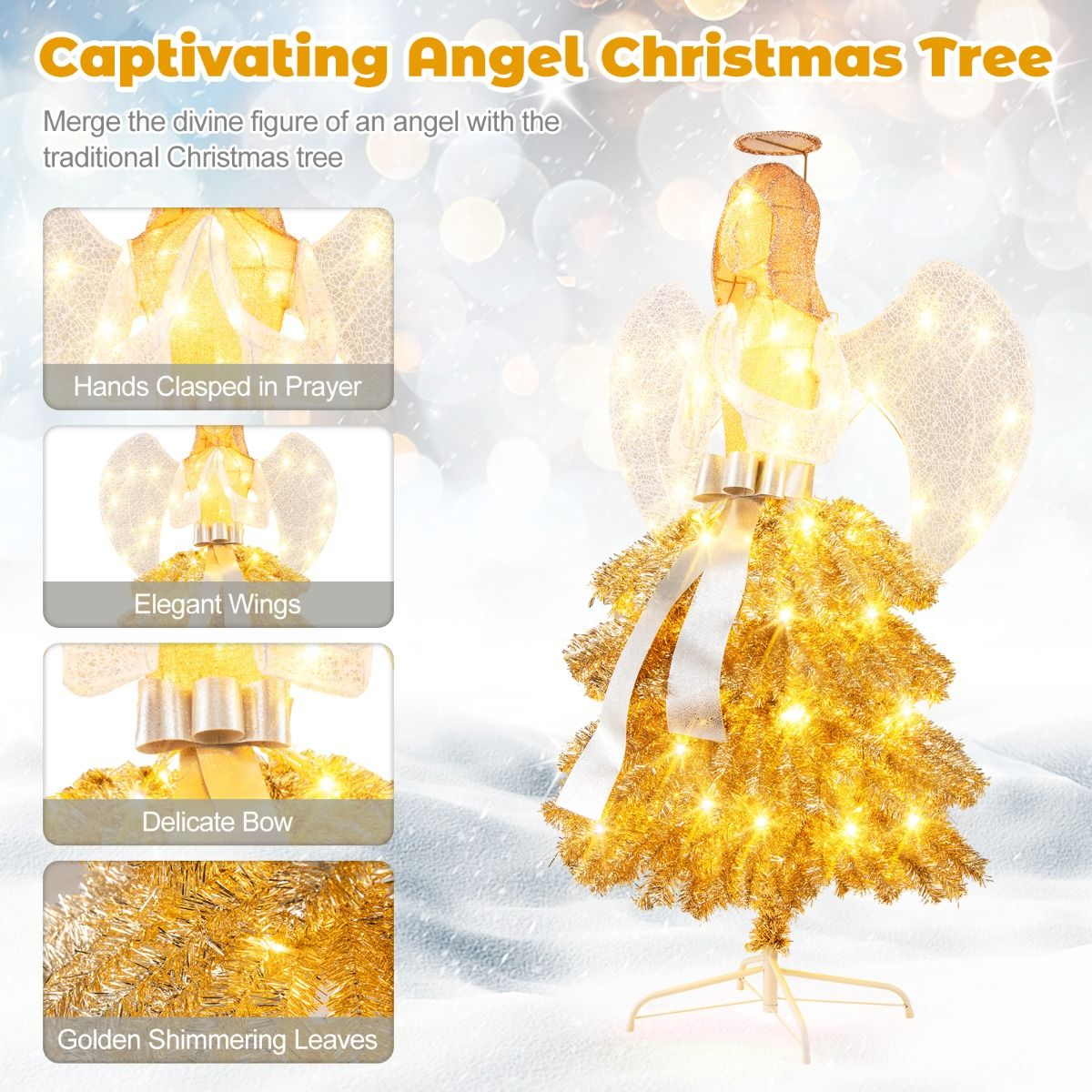 1.57M Illuminated Christmas Angel Tree with Praying Hands