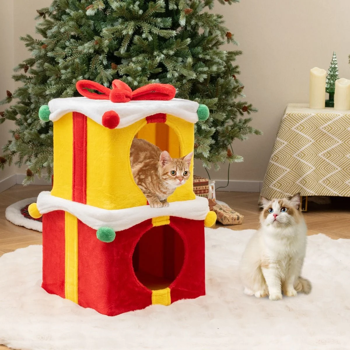 Charming 2-Story Indoor Christmas Cat House with Bow for Cozy Cats