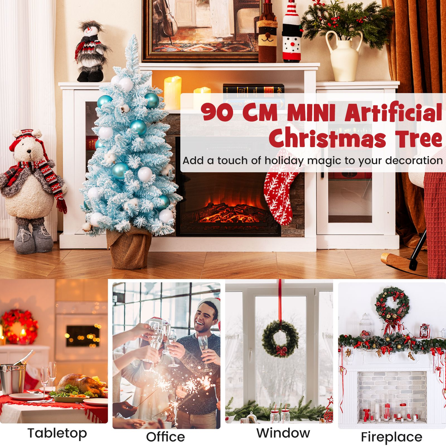 90CM Mini Christmas Tree with 12 Natural Cotton Ball Ornaments