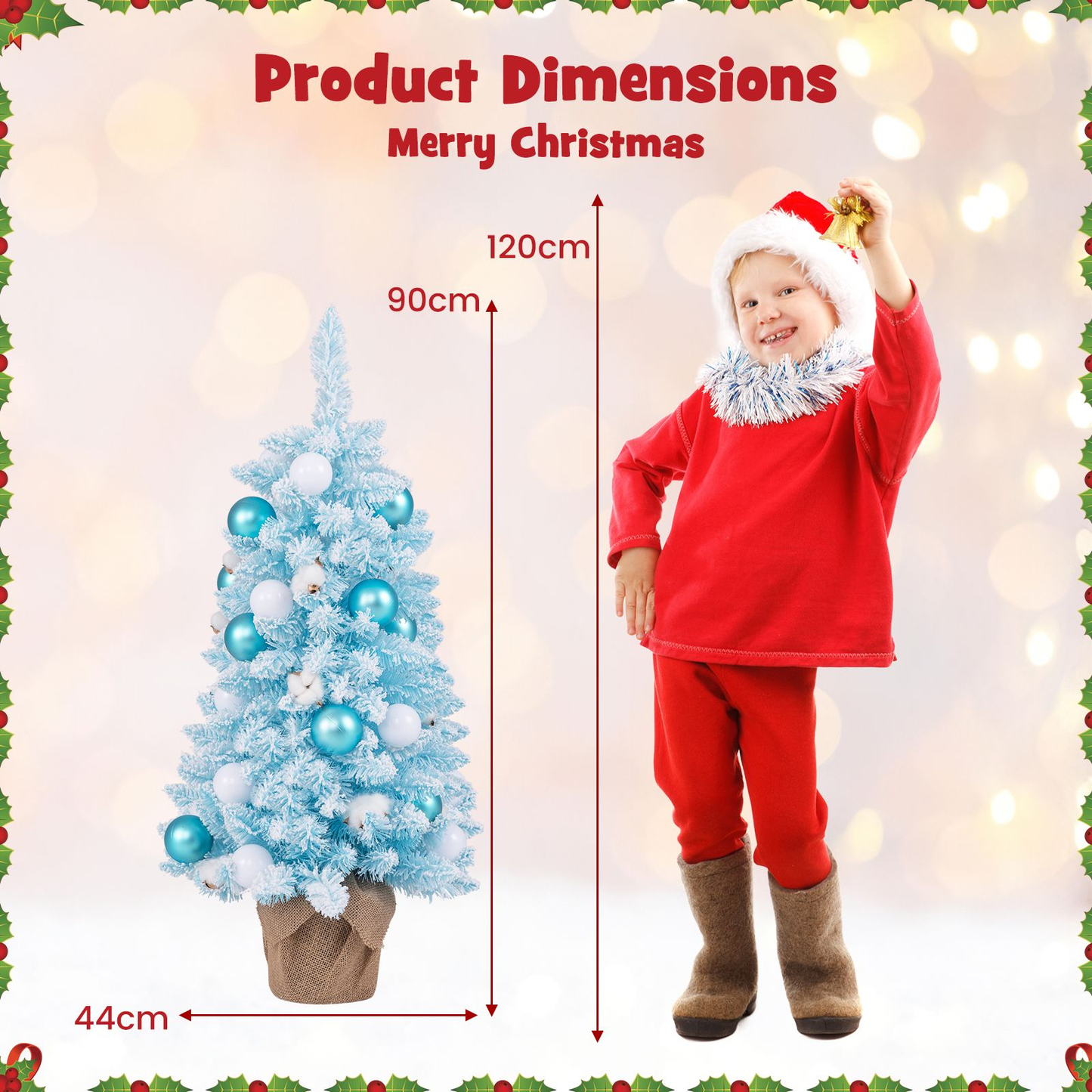 90CM Mini Christmas Tree with 12 Natural Cotton Ball Ornaments