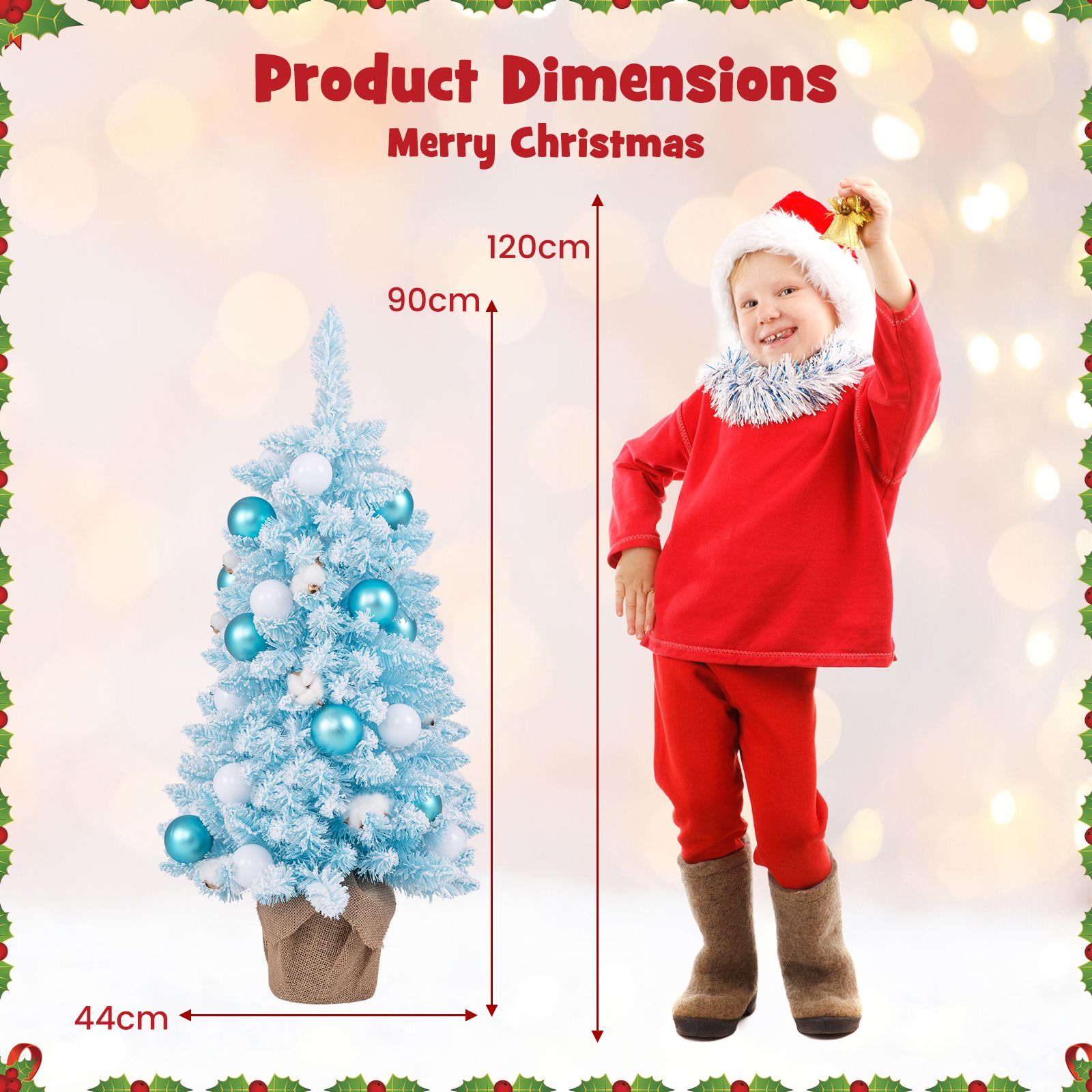 90CM Mini Christmas Tree with 12 Natural Cotton Ball Ornaments