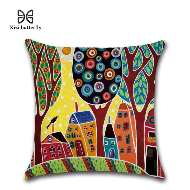 Hand-Painted Retro City Cushion Cover - 45x45cm Linen Throw Pillow cover