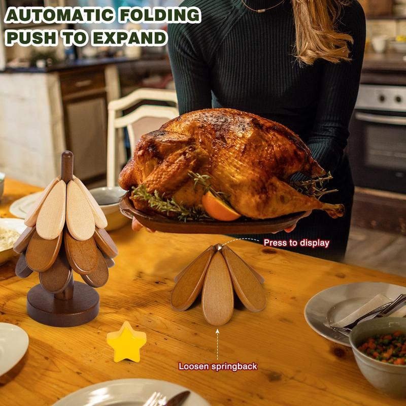 Christmas Tree Wooden Trivet Set - 4 Heat-Resistant Coasters & Stand