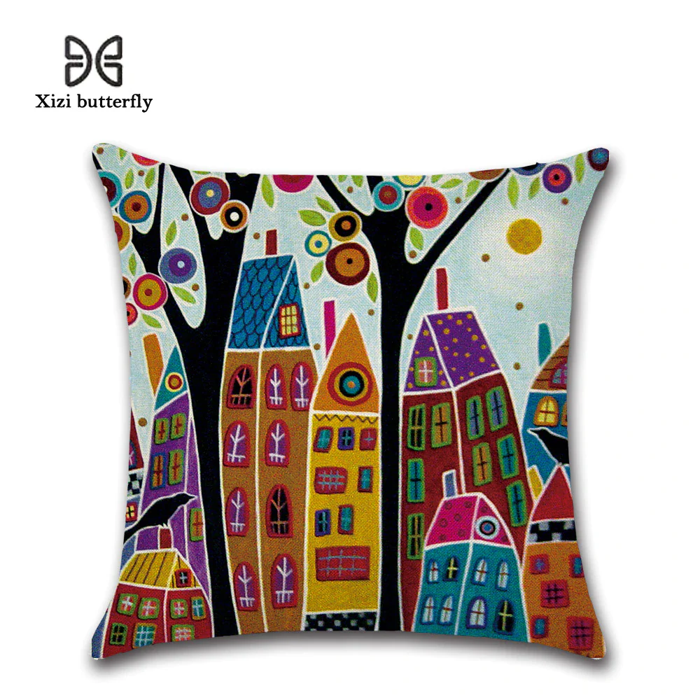 Hand-Painted Retro City Cushion Cover - 45x45cm Linen Throw Pillow cover