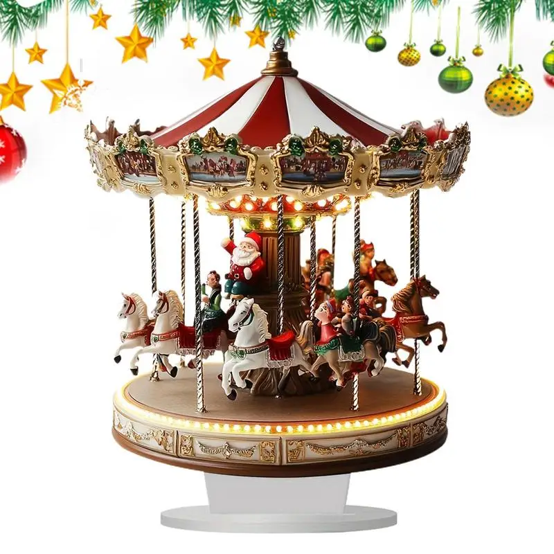 Acrylic Christmas Carousel Village Scene Tabletop Decor Merry-Go-Round