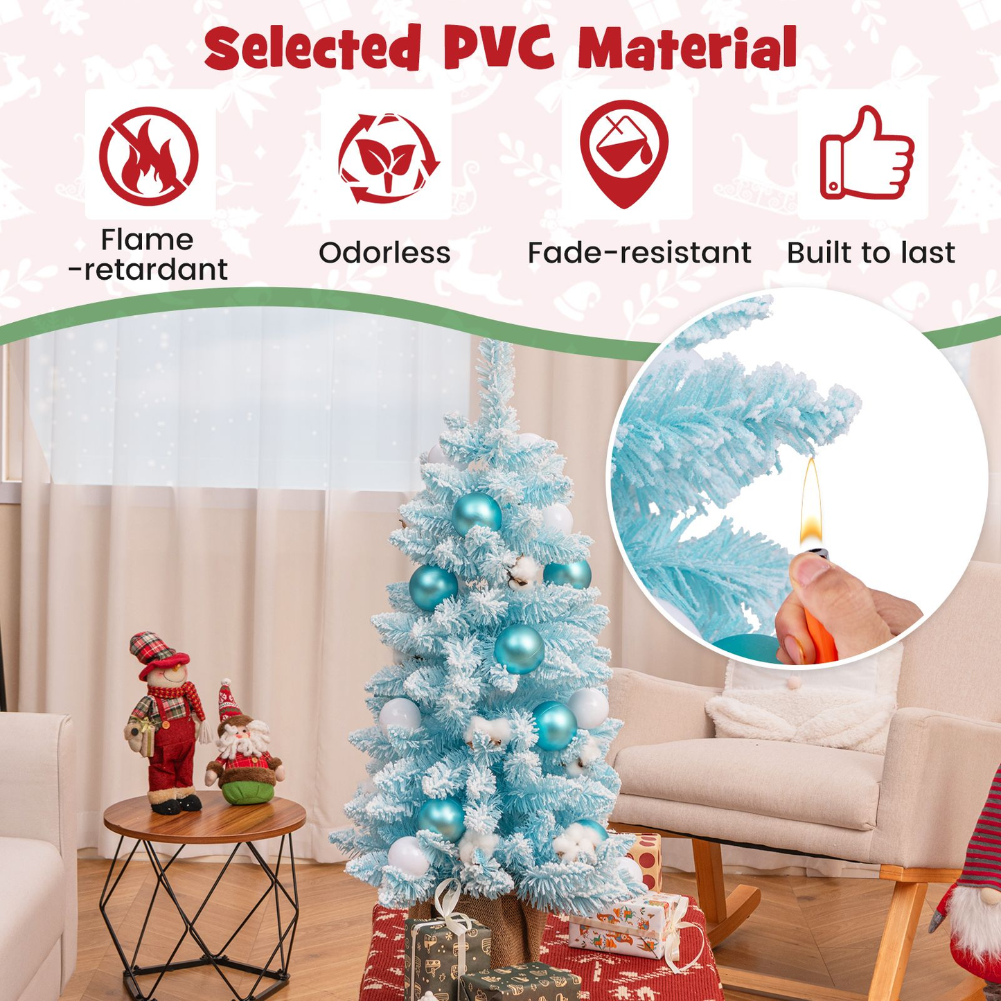 90CM Mini Christmas Tree with 12 Natural Cotton Ball Ornaments