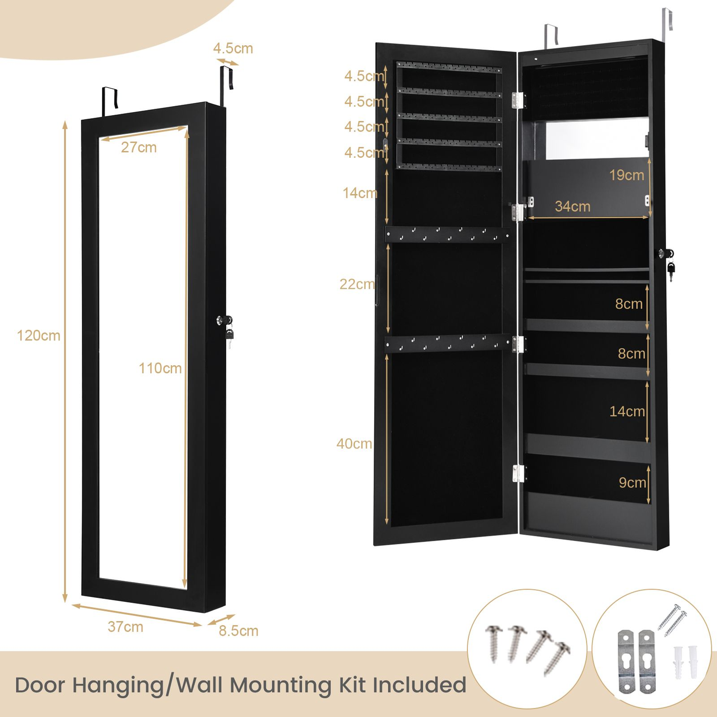 120Cm Full Length Lockable Mirror Jewelry Cabinet with 15 Leds