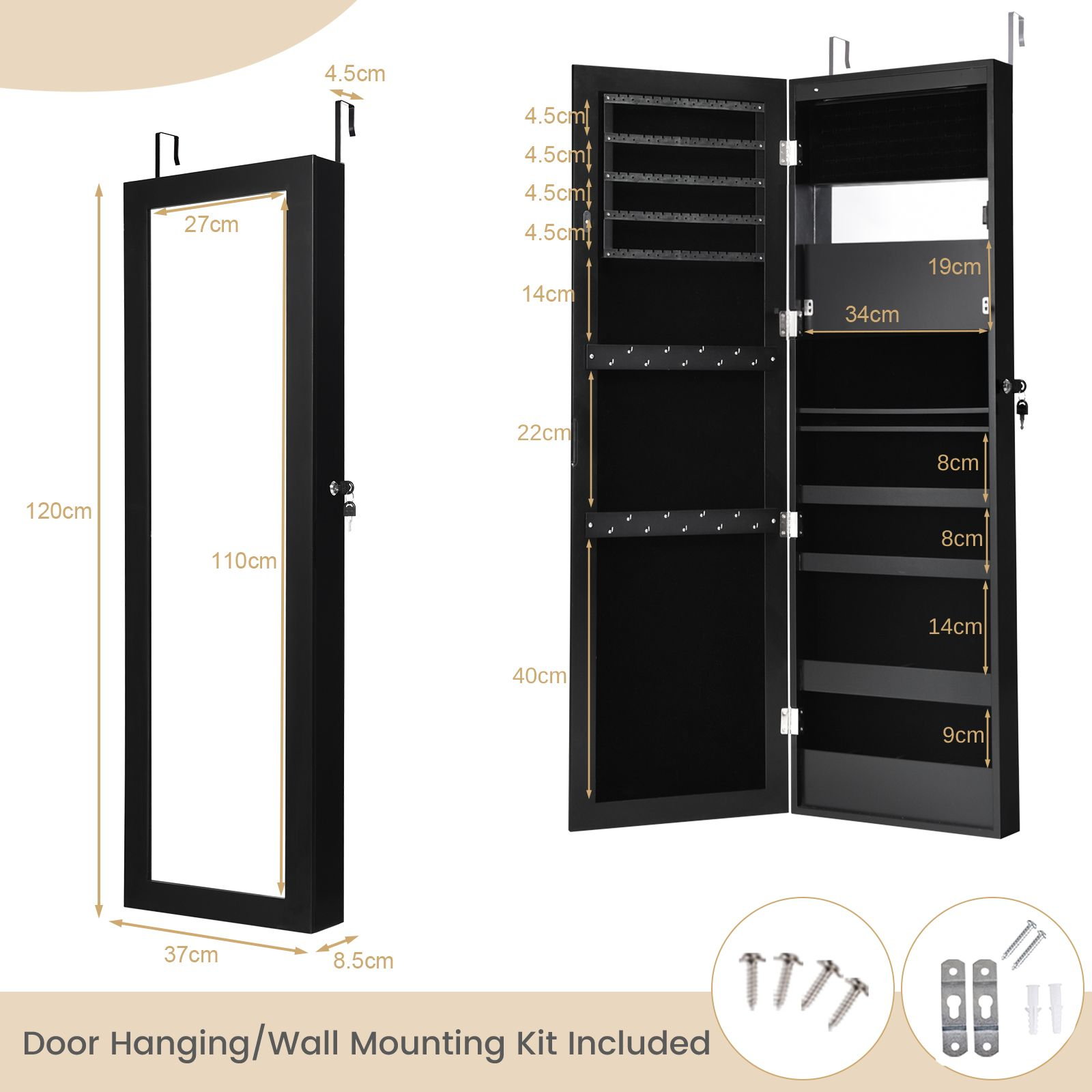 120Cm Full Length Lockable Mirror Jewelry Cabinet with 15 Leds