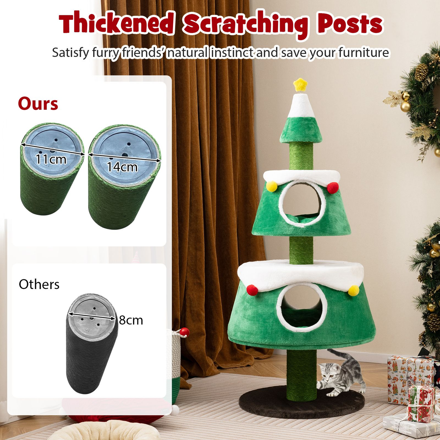 Adorable Christmas Cat Tree with 2 Cosy sections for Indoor Cats