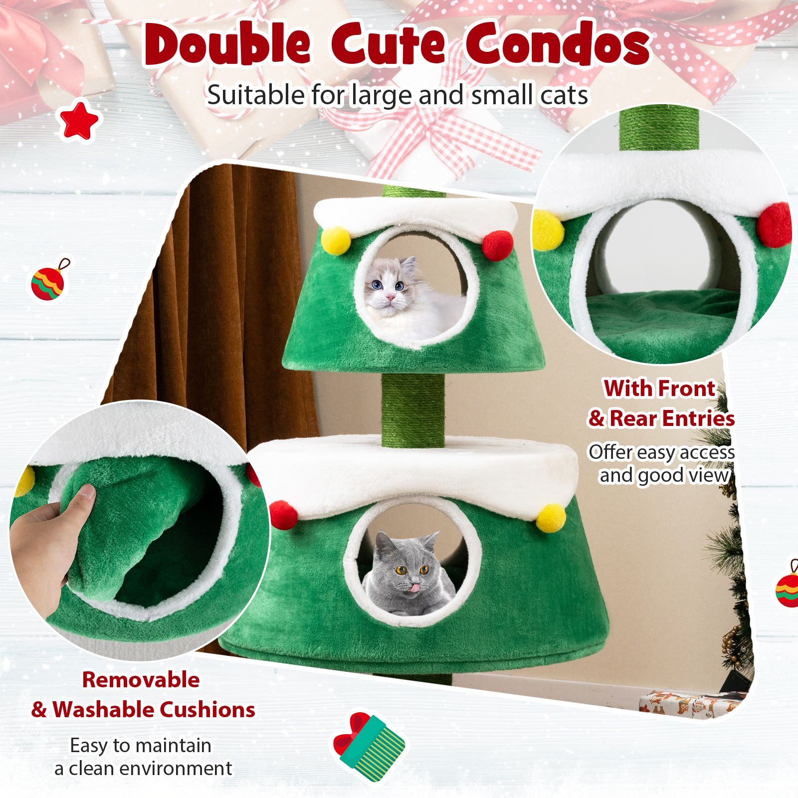 Adorable Christmas Cat Tree with 2 Cosy sections for Indoor Cats