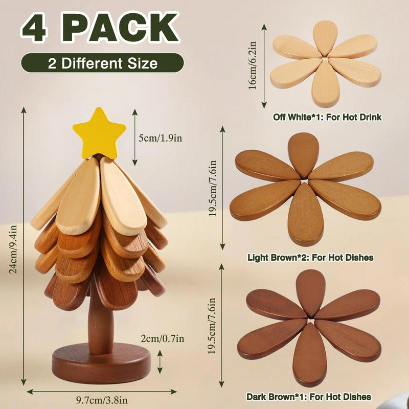 Christmas Tree Wooden Trivet Set - 4 Heat-Resistant Coasters & Stand