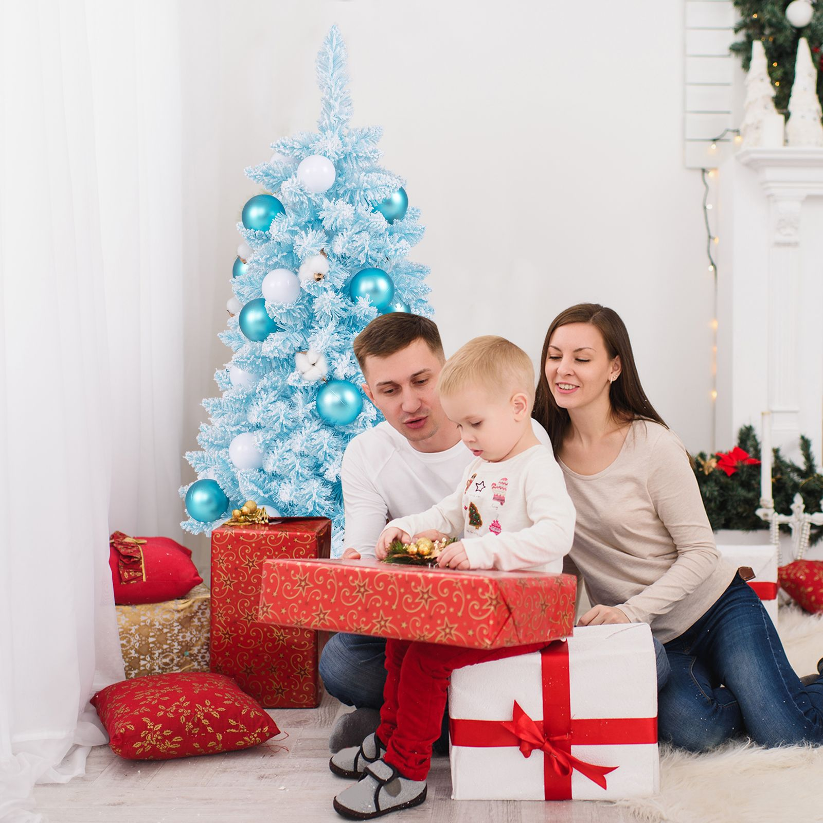 90CM Mini Christmas Tree with 12 Natural Cotton Ball Ornaments