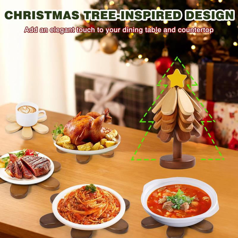 Christmas Tree Wooden Trivet Set - 4 Heat-Resistant Coasters & Stand