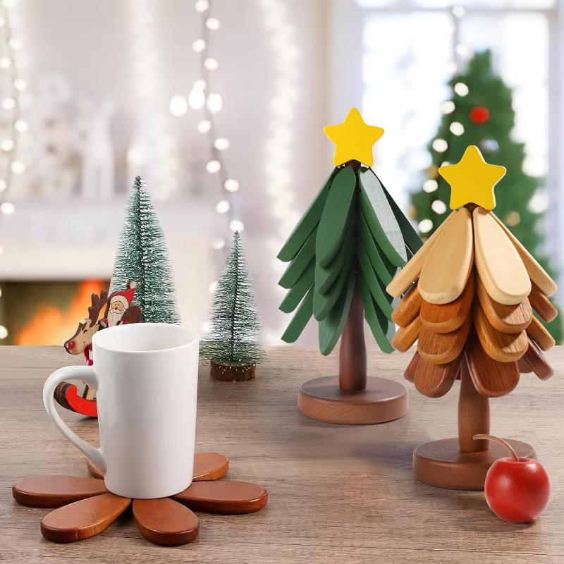 Christmas Tree Wooden Trivet Set - 4 Heat-Resistant Coasters & Stand