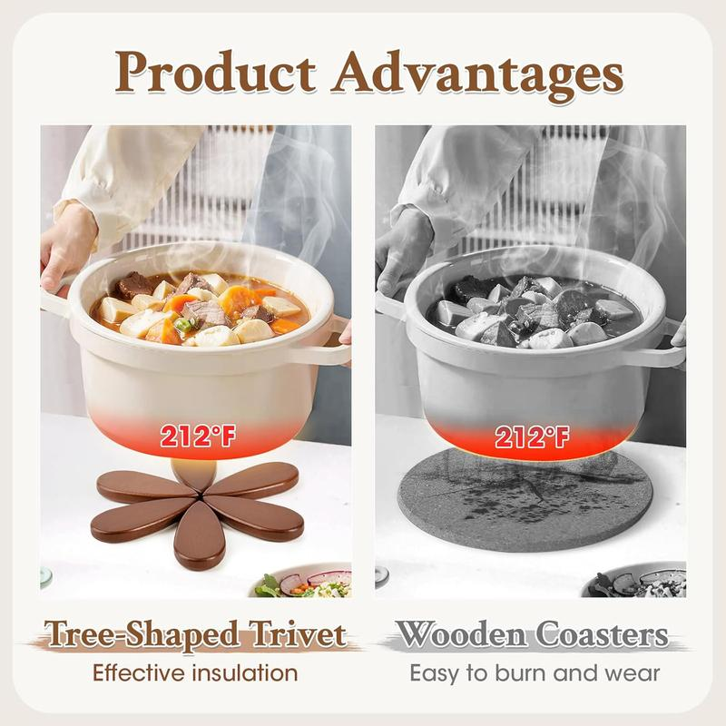 Christmas Tree Wooden Trivet Set - 4 Heat-Resistant Coasters & Stand