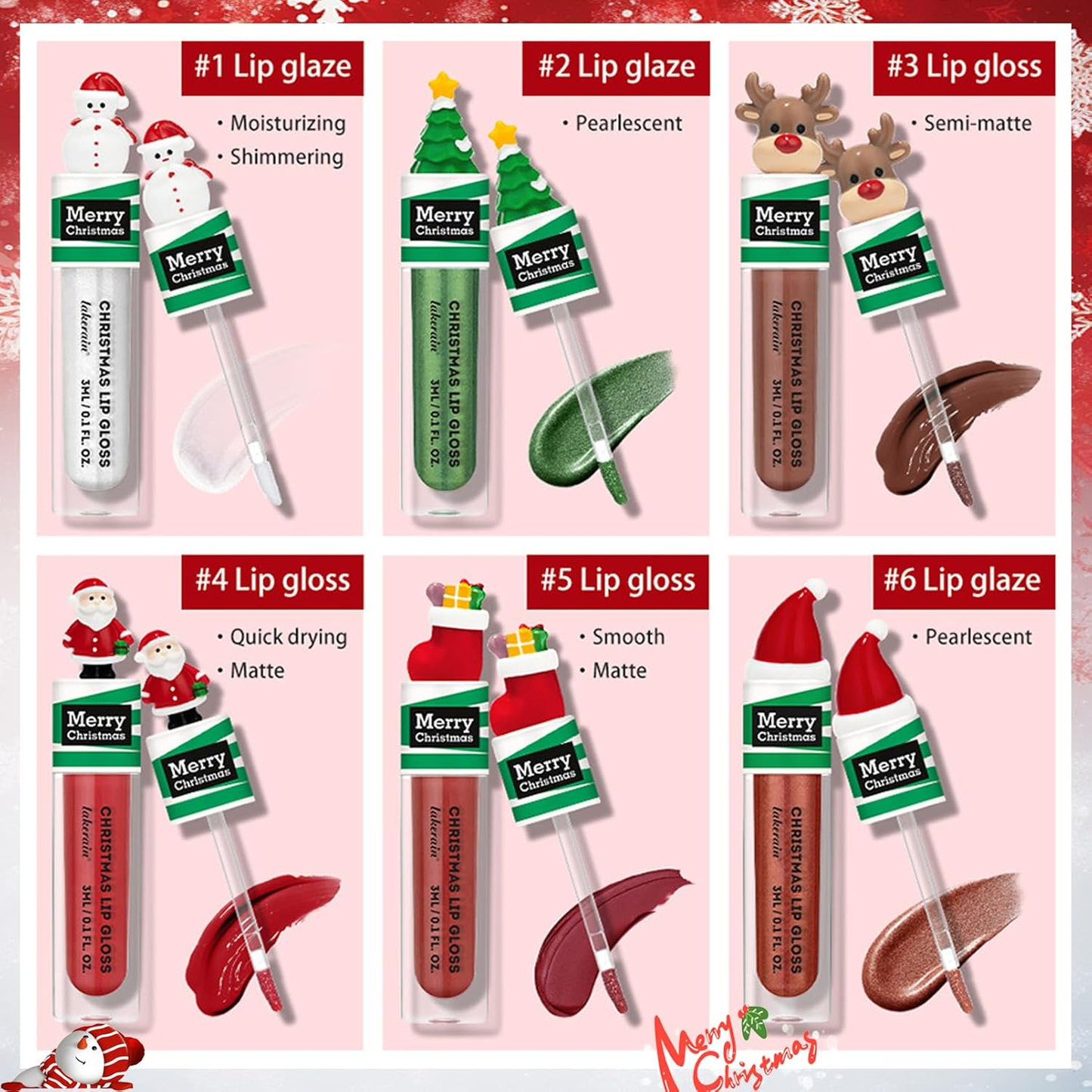 Festive Lip Gloss Set - 6 Pcs Matte & Pearlescent for Girls & Women