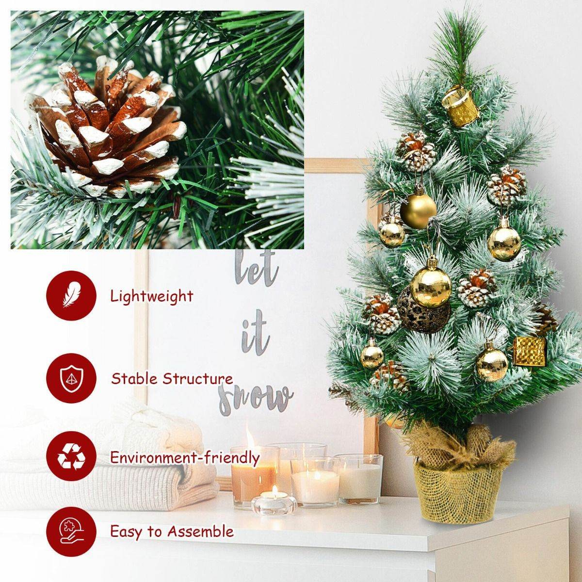 2ft Snow Flocked Pine Christmas Tree with Pine Cones - Festive Decor
