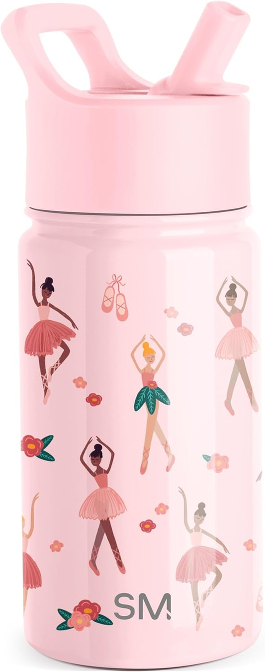 Insulated Kids Water Bottle with Straw - Pink Ballerina, 415ml