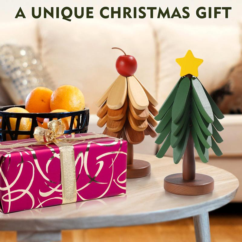 Christmas Tree Wooden Trivet Set - 4 Heat-Resistant Coasters & Stand