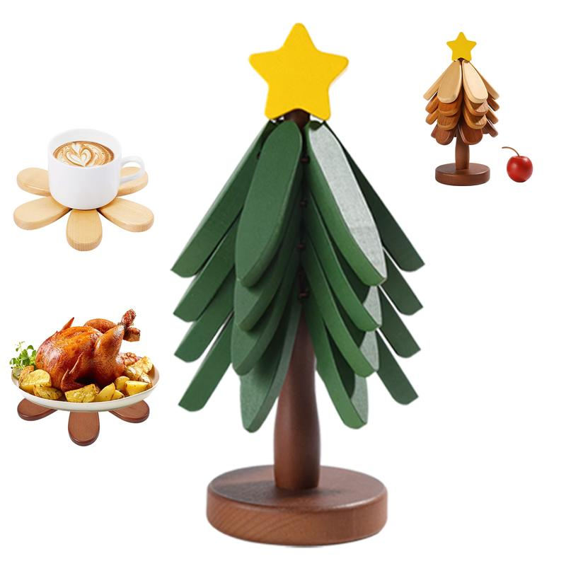 Christmas Tree Wooden Trivet Set - 4 Heat-Resistant Coasters & Stand