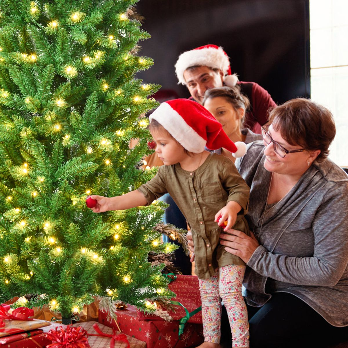 Pre-Lit Pencil Christmas Tree with Warm White UL-Listed Lights for Holiday Cheer